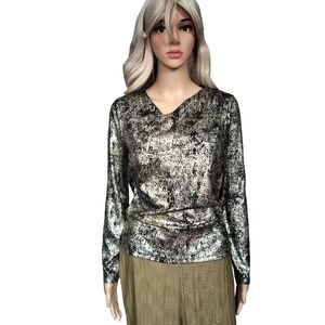 Donna Karan Shimmering Black and Gold Wrap Neck Blouse Size S NWT